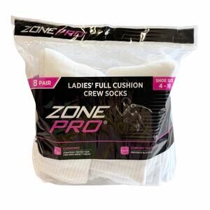 Zone Pro Ladies Full Cushion Crew Socks White 8 Pair Size 4-10 Comfort NEW